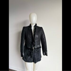 Luxurious Faux Leather Real Rabbit Fur Lace Black Coat 4 S Small Transformer